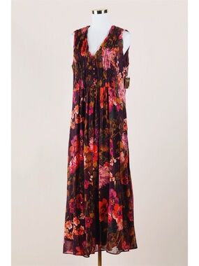 Sz 12 Taylor Dark Floral Sleeveless Smocked A-Line Maxi Dress NWT